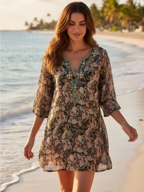 100% Silk Paisley Print Bead Embellished Semi Sheer Tunic Top S